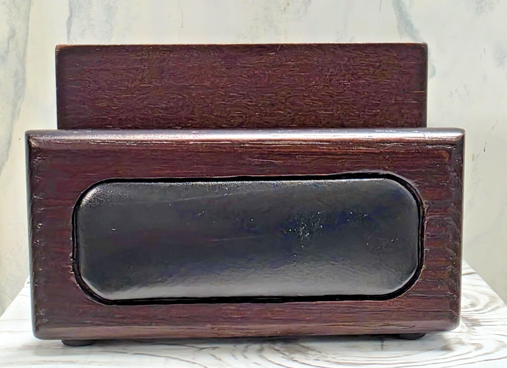 Dacasso Walnut Wood and Black Leather Desktop Business Card Holder w/Padded Feet